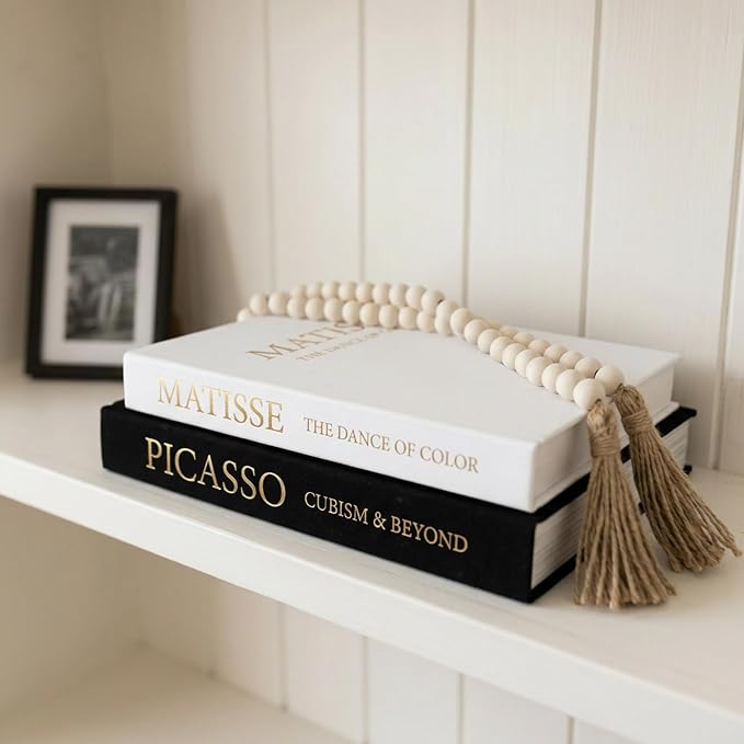 3-Piece Decorative Books for Home Decor with Wood Bead Garland - Stackable Linen Faux Book Box for Coffee Table Styling, Real Fabric Cover Fake Books with Tassel as Display Riser for Shelf