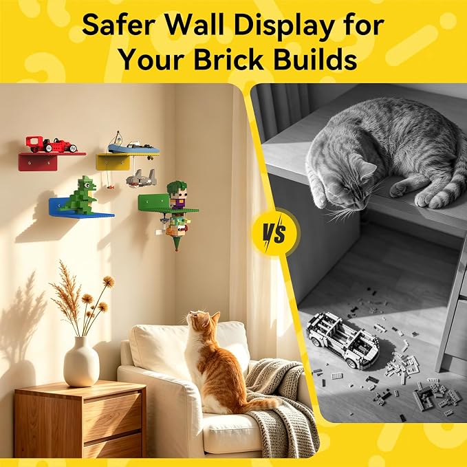 BlissBox 8-Pack Small Floating Shelves for Wall Compatible with Lego Building Bricks, 5x5.5inch Dual‑Sided 16x17 Studs for Brick Storage and Display, ABS Display Shelves for Room Decor, Multicolor