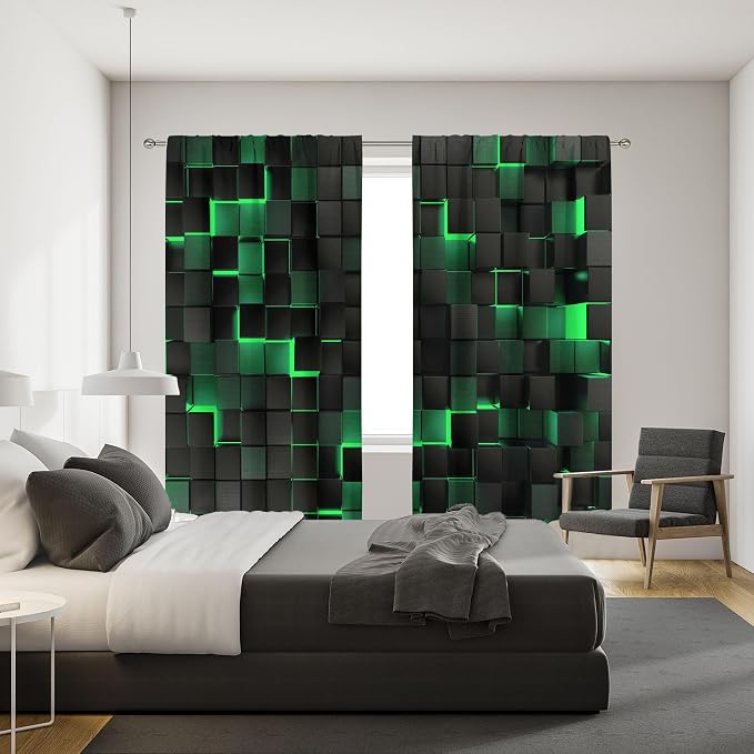 MESHELLY Abstract Black Green Curtains 42Wx63H Inch Rod Pocket Modern Geometric Cubes 3D Gradient Design Futuristic Bedroom Window Drapes Minimalist Man Boys Printed Living Room Window Treatment