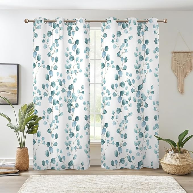 Renaiss Eucalyptus Leaf Curtains Green Eucalyptus Print Blackout Window Drapes for Bedroom Botanical Grommet Top Thermal Insulated Window Curtains for Living Room 53W x 108L 2 Panel Set