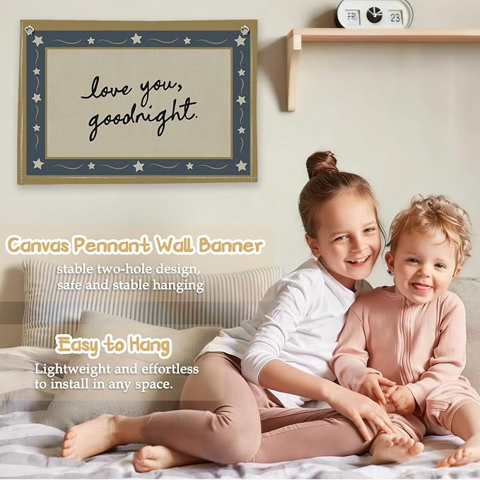 RTXLEZM Boys Girls Room Decor,Love You Goodnight Kids Toddler Nursery Room Canvas Banner Wall Hanging,Retro Navy Blue Neutral Nursery Wall Art Prints for Boys Girls Bedroom Playroom Decor,20x30 Inch