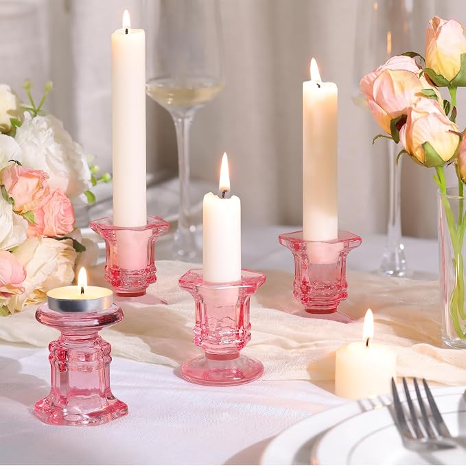 Lanttu 12 Pcs Pink Candlestick Holders Bulk Glass Candle Holders 2.9"x3.08" | Crystal Taper Candle Holder for Wedding, Table Centerpiece, Home Decoration