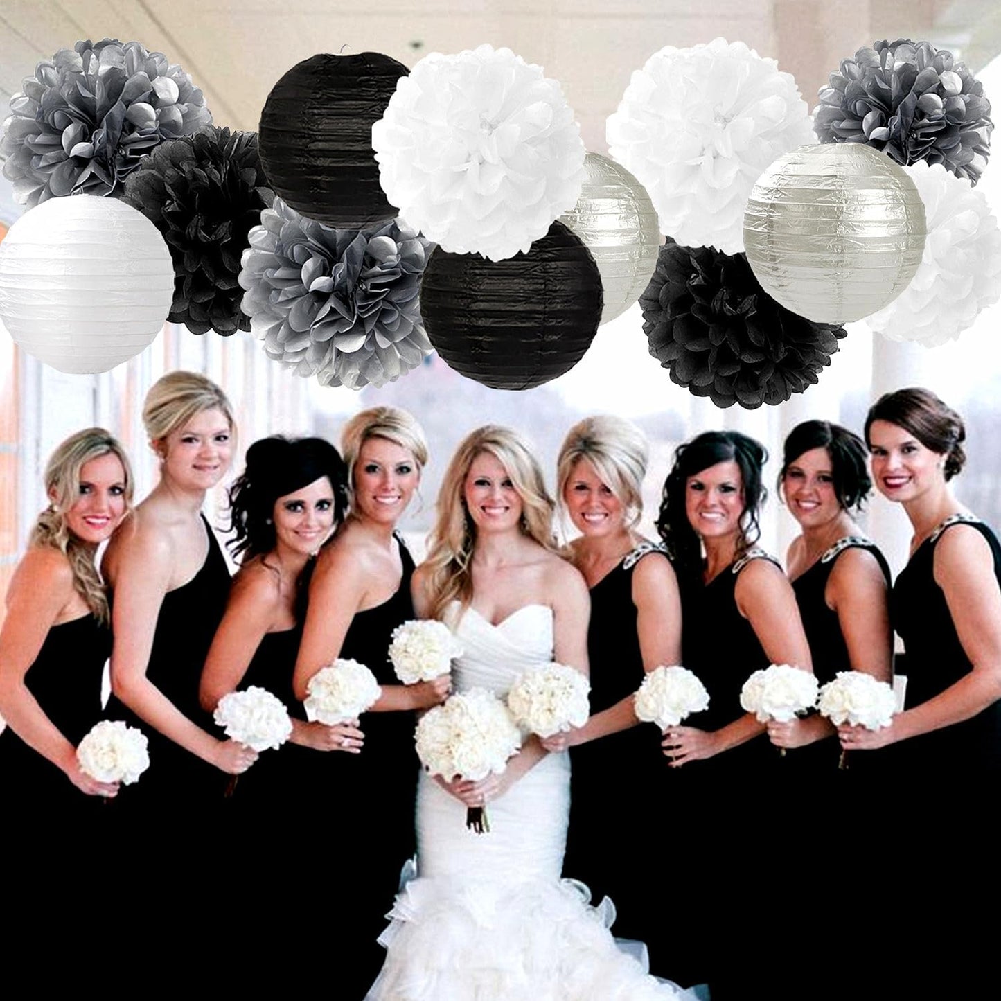 Black White Silver Party-Decorations Paper Flowers Lanterns - 15PCS Birthday Halloween Wedding Tissue Pom Poms Streamers, Halloween Prom Baby Shower Bachelorette Hanging Supplies Decor Hugfond