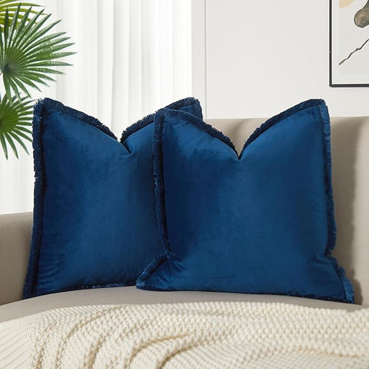 JUSPURBET Navy Blue Decorative Velvet Fringe Throw Pillow Covers 16x16 Set of 2 Boho Soft Cushion Case for Home Decor Living Room Couch Sofa Bed