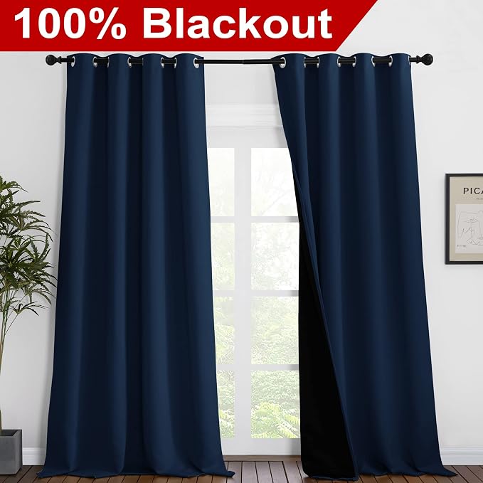 NICETOWN 100% Blackout Curtains 102 inches Long, Noise Reduction Window Treatment Curtains, Thermal Insulated Energy Smart Drapes and Draperies for Apartment Decor, Navy Blue, Set of 2, 55 inches W