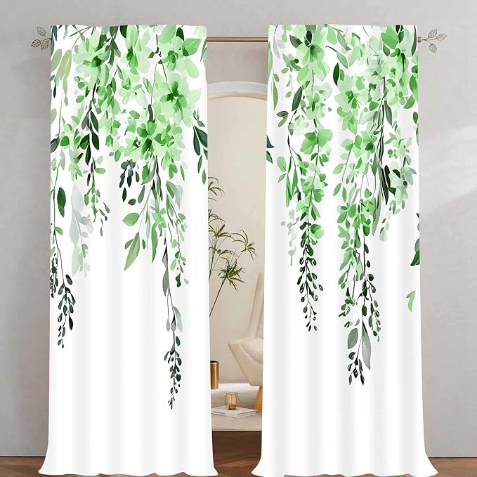 Green Watercolor Floral Curtains, Botanical Leaves Vine Flowers Curtain, Rustic Farmhouse Flower Leaf Blackout Window Treatment Drapes for Bedroom Living Room 52x90 inch, 2 Panels