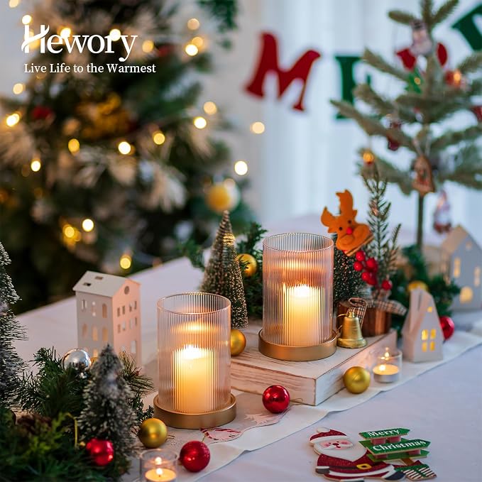 Hewory Ribbed Hurricane Candle Holder: Gold Votive Candle Holders Set of 2, Glass Hurricane with Metal Candle Plate, Pillar Candle Holder for Table Centerpiece Christmas Wedding Holiday Home Decor