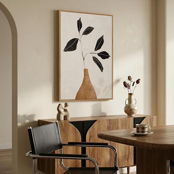 Framed Boho Abstract Neutral Floral Wall Art for Living Room, Minimalist Leaf in Brown Vase Print Canvas Artwork for Walls, Nordic Wabi Sabi Mid Century Modern Bedroom Kitchen Wall Decor, 24x36 In