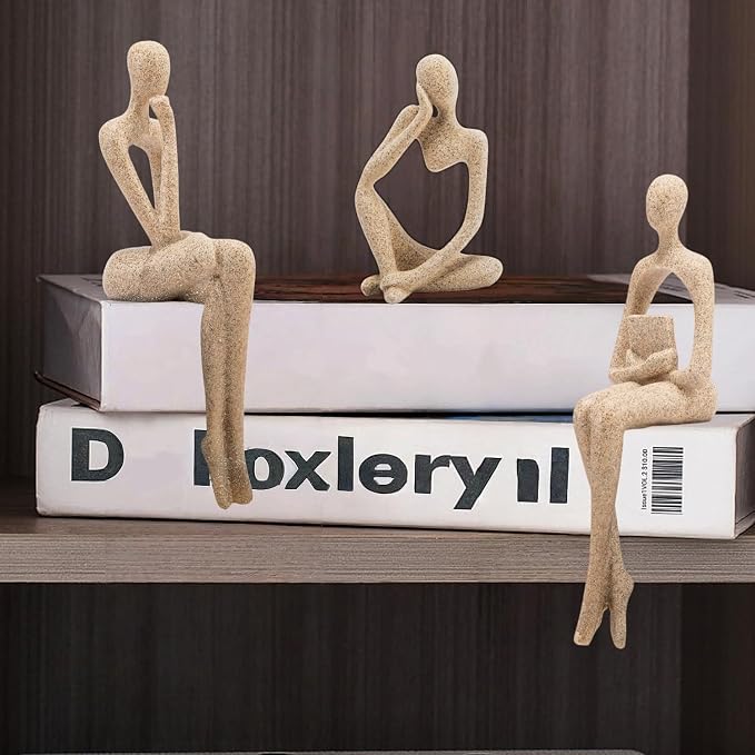Prettidecor Sandstone Decor Thinker Statue Accents, Set of 3 Thinker Sculptures Office Decor Abstract Resin Decoration on Shelf Table Desk for Living Room Office Bedroom Bookshelf Decor (Large)