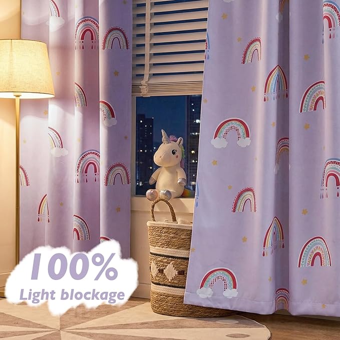 Vangao Blackout Curtains for Kids Bedroom Rainbow Purple Nursery Curtains 63 Inch Length Short Drapes for Teen Girls Thermal Insulated Room Darkening Light Blocking for Living Room Set of 2