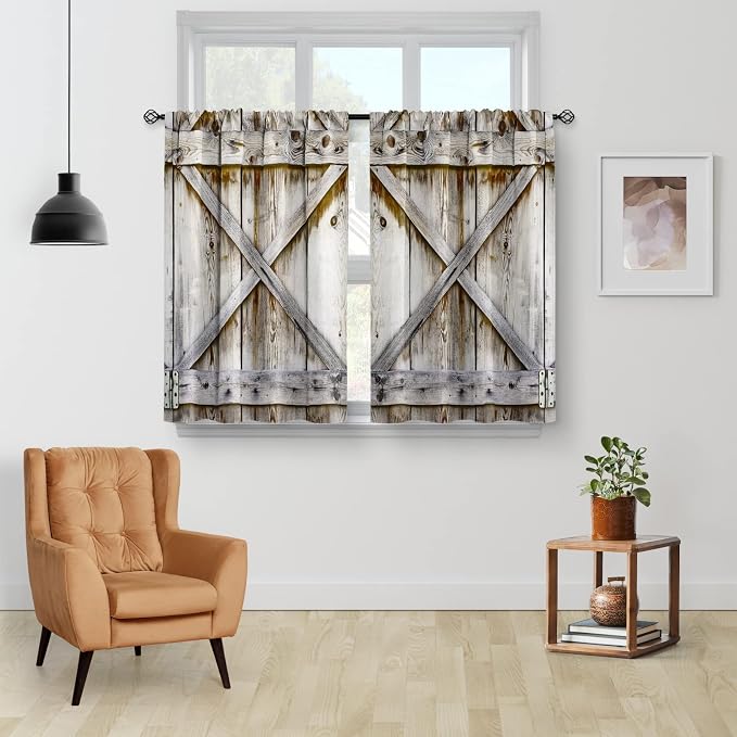 Aimego Farmhouse Country Wood Kitchen Curtains - Wooden Barn Door Vintage Short Tier Curtains Over Sink Natural Rustic Farm Decor Rod Pocket Window Drapes 24 Inch Length 2 Panel Set, 28"x24"