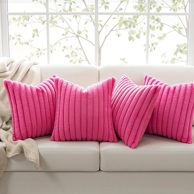MIULEE Faux Fur Plush Decorative Throw Pillow Covers 18x18 Set of 4, Spring Modern Soft Fuzzy Striped Cushion Covers for Sofa Couch Bed Living Room Cozy Home Decor,Hot Pink