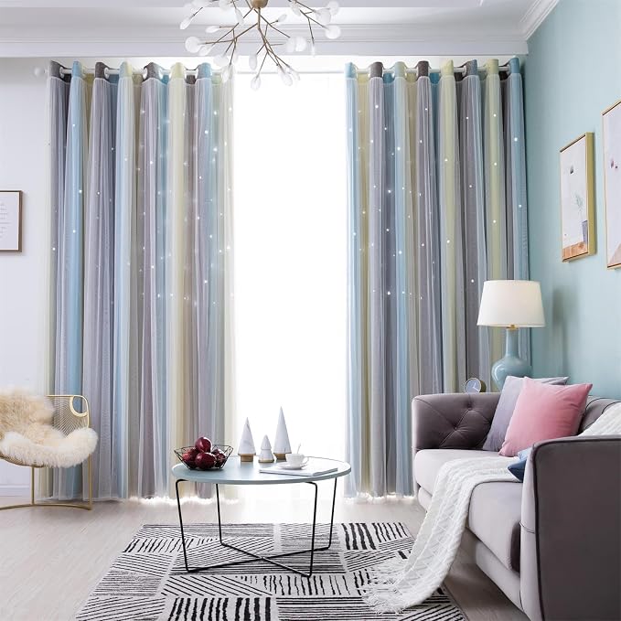 Blue and Yellow Blackout Curtains 96 inches Long for Kids Rooms 2 Panels, Privacy Light Filtering Cute Drapes, Thick Grommet Nursery Star Princess Curtains for Glass Door Bedroom