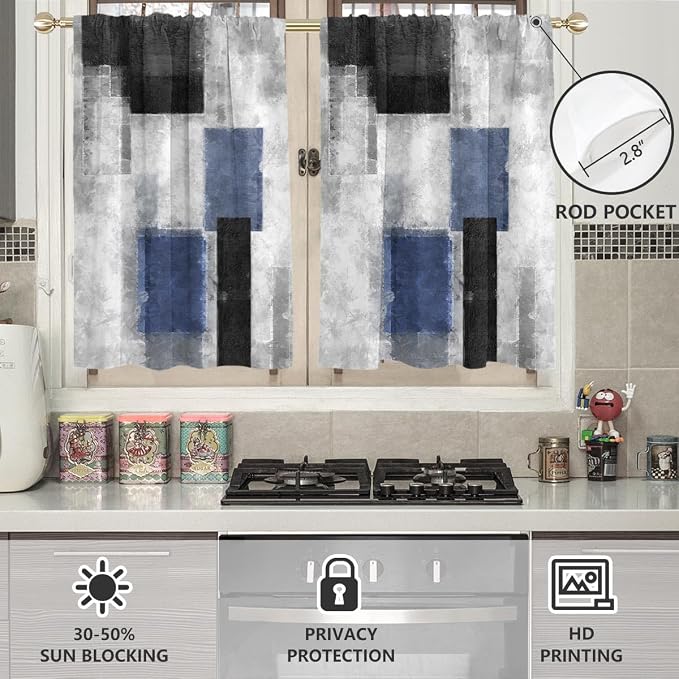 AAtter Blue Black Grey Window Curtain for Kitchen Navy White Gray Abstract Mens Minimalist Small Short Home Living Room Bedroom Bathroom Drapes Treatment Fabric 1 Pair, 27.5" W x 36" L, Modern