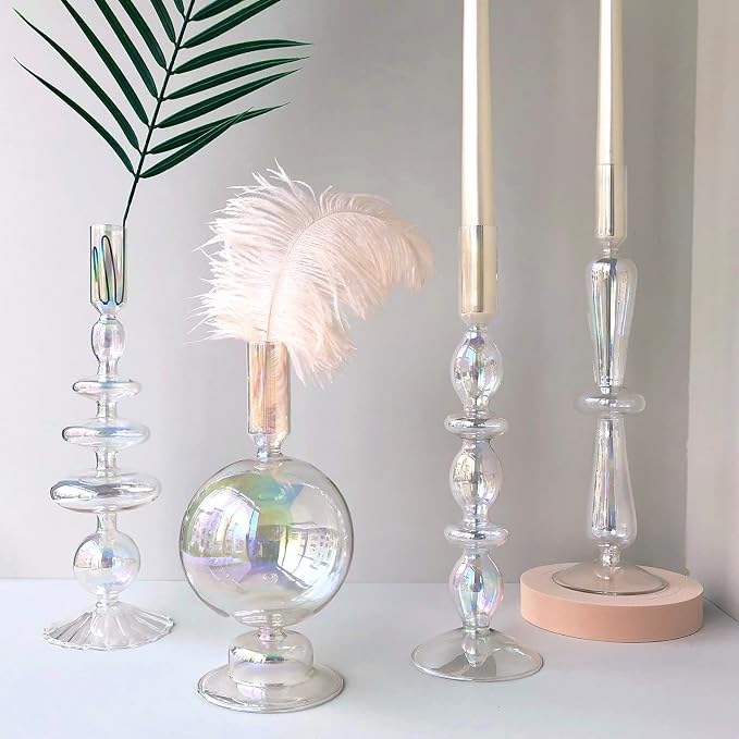Candle Stick Candle Holder, Glass Candle Holders for Table Centerpiece, Modern Style Iridescent Candle Holder Mixed 4pcs