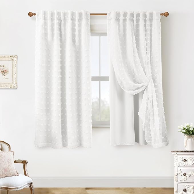Lino Rosa Elegant Pretty Sheer Semi Blackout Curtains 72 Inch Long for Living Room,White Boho Farmhouse Black Out Curtians for Girls Bedroom Cortinas para Sala Modernas 2025