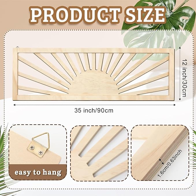Burbell Sun Wall Art Decor 35'' x 12'' Large Boho Sun Wall Decor Wooden Horizontal Vintage Bohemian Hanging Rectangle Panoramic Above Bed Decoration for Bedroom Home(Wood Color)