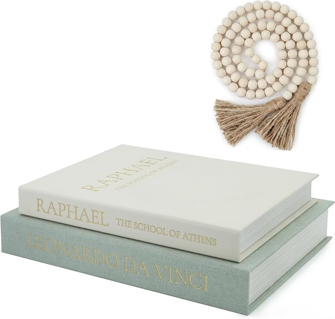 3-Piece Decorative Books for Home Decor with Wood Bead Garland - Stackable Linen Faux Book Box for Coffee Table Styling, Real Fabric Cover Fake Books with Tassel as Display Riser for Shelf