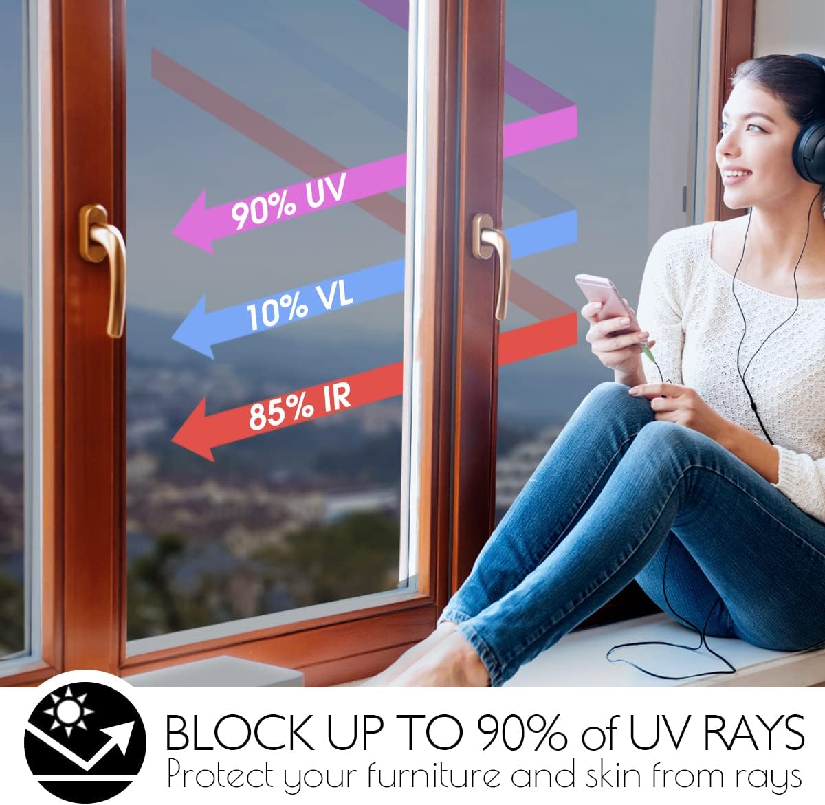 HIDBEA One Way Privacy Window Film, Daytime Mirror Reflective Heat Control UV Sun Blocking Non-Adhesive Static Cling Window Tint for Home and Office(Black-Silver, 45.2 Inch x 6.5 Feet)