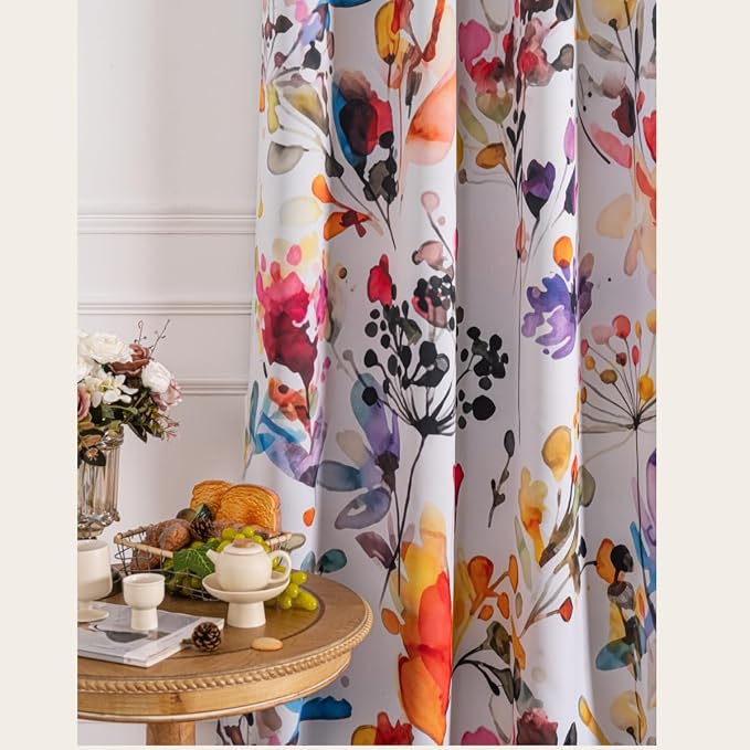 100% Blackout Curtains for Bedroom 63 inch Long 2 Panels Set Floral Colorful Vintage Flowers Patterned Black Out Curtains Room Darkening Thermal Insulated Window Drapes for Living Room, 52Wx63L