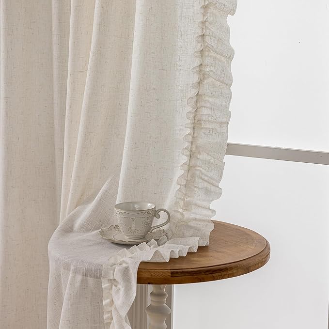 TERLYEX Ruffle Curtains 72 Inch Length 2 Panels, 58 x 72 Inch, Natural Linen Textured Ruffled Window Curtain Panel Set Rod Pocket Privacy Cottage Drapes Light Filtering Semi-Sheer Flowy Curtains