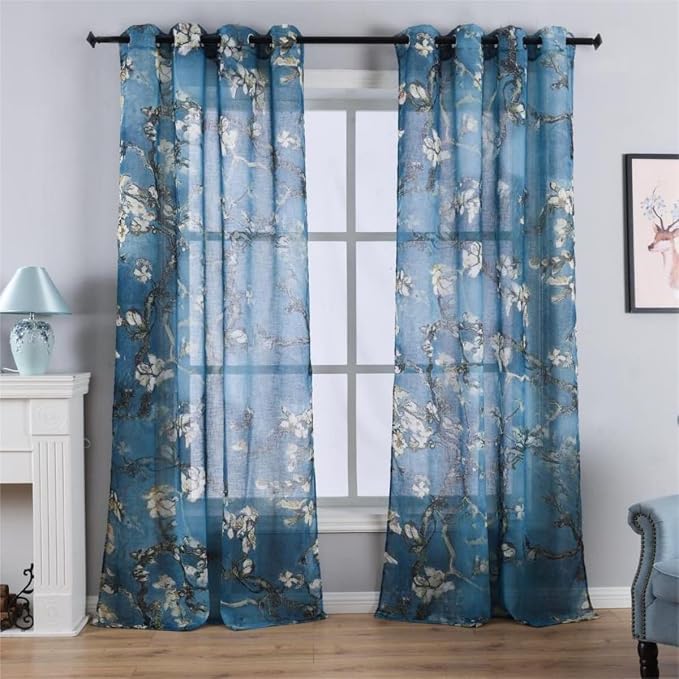 Taisier Home Chinese Style Plum Blossom Sheer Curtain Artistic Print Curtains 72 Inches Long for Living Room,Personalized Pattern Curtains 2 Panels Set（Grommet Top Style）