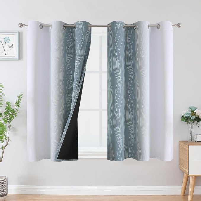 Estelar Textiler Stone Blue and Greyish White Ombre Blackout Curtains 54 Inch Length 2 Panels, Full Room Darkening Drapes for Window, Thermal Insulated Grommet Short Curtains for Bedroom,42Wx54L