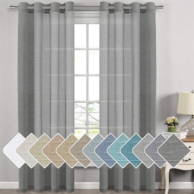 H.VERSAILTEX Linen Curtain Panel Pair Extra Long 108" Long (2 Panels) Nickel Grommet Top Highly Durable Natural Linen Blend Soft Sheer Curtains for Living Room - Charcoal Grey