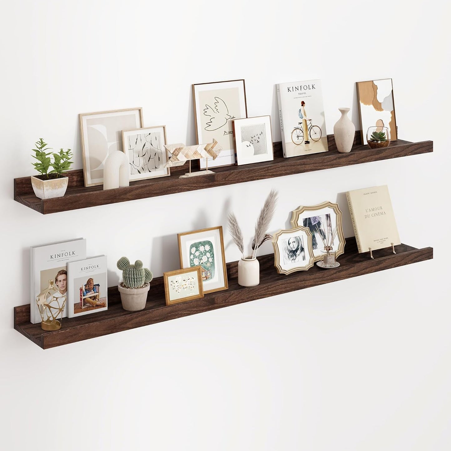 Floating Picture Ledge Shelves 48 Inch Solid Oak Wood Set of 2, Rustic Wall Storage Shelves with Lip, Kids Bookshelf, Photo & Picture Ledge Shelves for Bedroom, Living Room, Kitchen