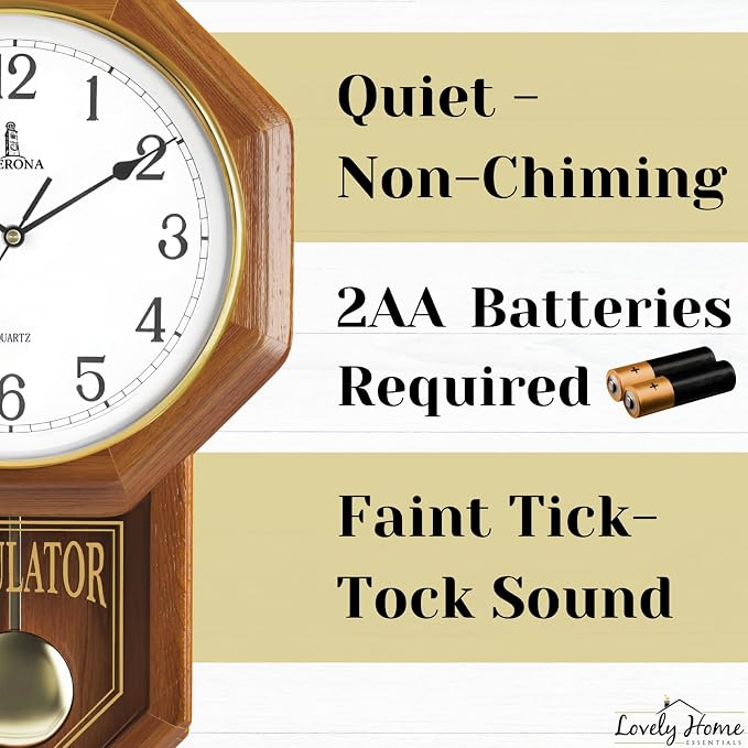 Pendulum Wall Clock Battery Operated - 18x11 Real Wood Regulator Clock - Schoolhouse Design with Pendulum - Quiet, Non-Chiming - Wooden Wall Decor for Living Room Decor, Home, Office and Gift
