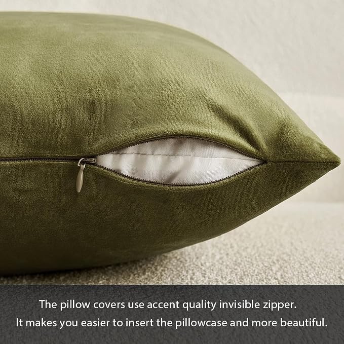 MIULEE 24x24 Inch Euro Sham Velvet Pillow Covers, Set of 2 Large Square Decorative Pillows -Olive Green Super Soft for King Bed, Sofa, Couch, Accent Chairs with Hidden Zipper