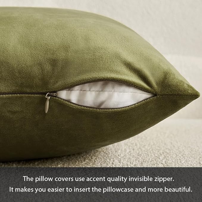 MIULEE Velvet Throw Pillow Covers 20x20 Inch, Pack of 2 - Olive Green, Soft Solid Decorative Pillow Covers Cushion Cases Modern Luxury Home Decor for Couch Sofa Bedroom Livingroom