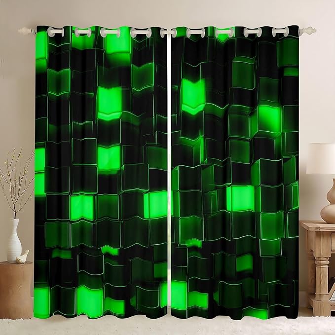 Castle Fairy 3D Green Block Window Curtain | Video Games Window Drapes for Kids Bedroom Decor,Miners Gaming Blackout Curtains Pixel Geometric Grid Living Room Top 2 Panels,38Wx54L