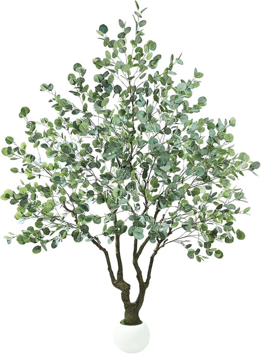 Caxchiling Large Artificial Eucalyptus Tree 8FT, Fake Tree for Indoor Outdoor, Lifelike Tall Floor Plants with Heavy Trunk and Ball-Shaped Pot, Home Office Decor Living Room Bedroom Doorway Hallway