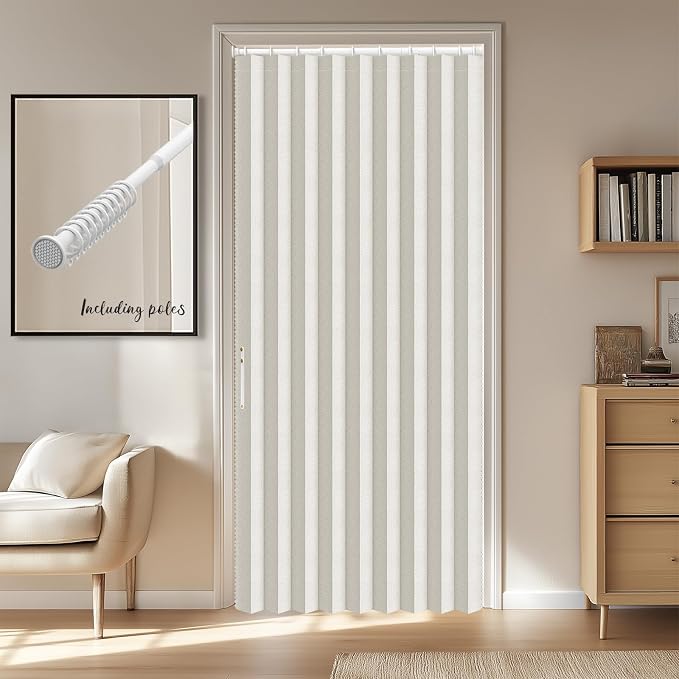 AJAZZ Blackout Accordion Door Sets Included Rod (1 Pack, 54W x 78 L, Beige) Accordion Doors Interior Magnetic Door Curtain for Bedroom Living Room Doorway Curtain