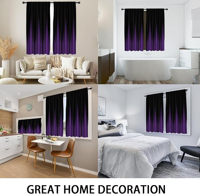 Coxila Black and Purple Curtains, Ombre Window Drapes for Bedroom 42 x 63 Inch, Aesthetic Goth Decor, Two Tone Rod Pocket Fabric Window Treatment, 2 Panels