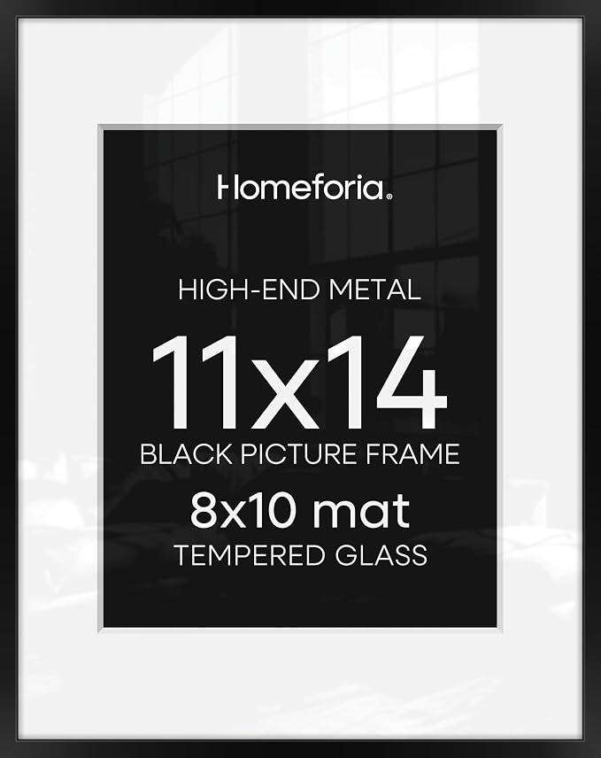 Homeforia Black 11x14 Picture Frame, High End Metal 11x14 Poster Frames with Mat 8x10, 11 x 14 Black Frame Matted to 8 x 10 inch Photo, 11 by 14 Thin Hanging Frames, Tempered Glass, Wall Kit, Set of 3