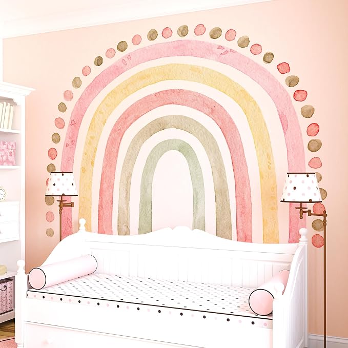 Large Pink Rainbow Wall Decals, Boho Dots Peel and Stick Fabric Nursery Wall Decor, Removable Home Room Wall Decor Murals Stickers for Kids Girls Toddler Bedroom Living Room Playroom