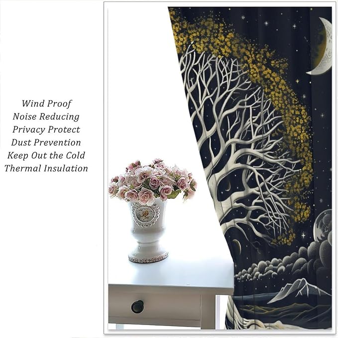 Sun Moon Blackout Curtains, Vintage Abstract Sun Moon Tree of Life Bohemian Mystic Window Drapes, for Bedroom Living Room 63" W X 72" L