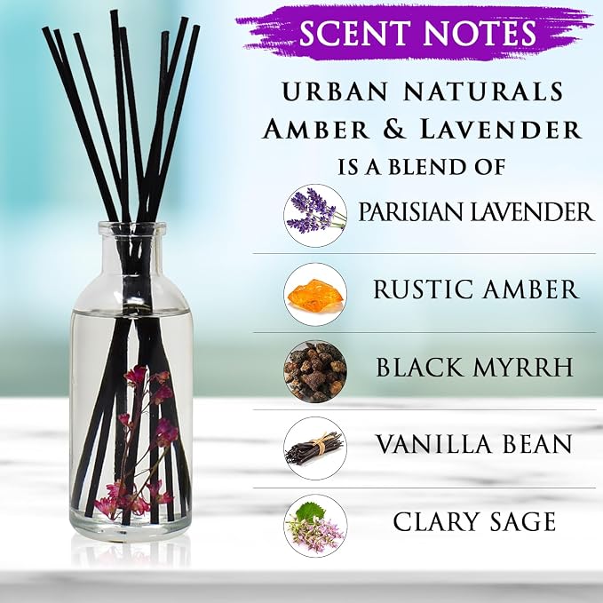 Urban Naturals Reed Diffuser Set, Amber & Lavender - Bathroom Shelf Décor | (AWAKEN and RENEW) Mind & Body Aromatherapy Collection, Essential Oil Botanical Diffusing Room Scent