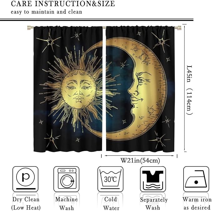 Sun Moon Blackout Windows Curtains, Boho Chic Art Golden Sun Moon and Stars Over Blue Black Sky Antique Style Curtains, for Living Room Bedroom 42x45in 2 Panels