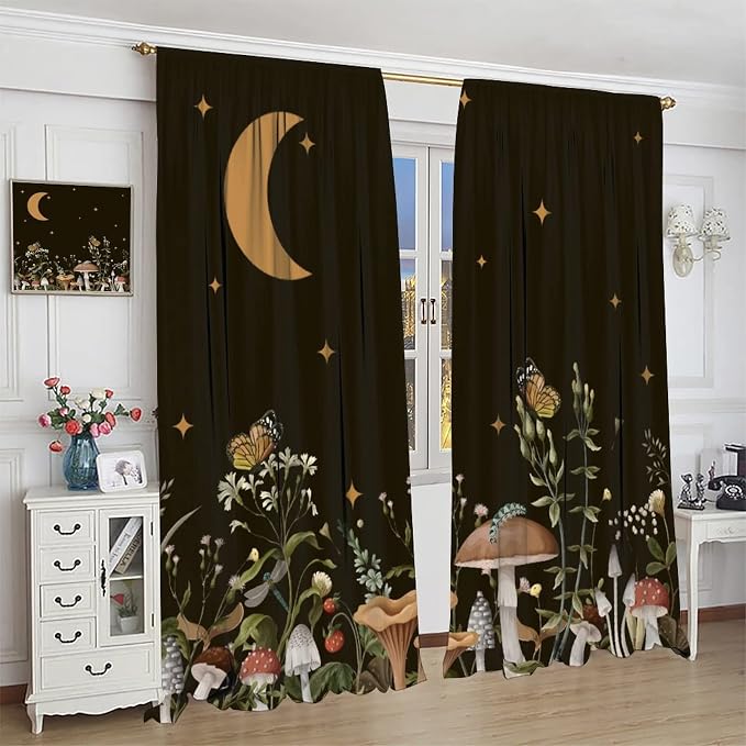 Wild Mushroom Blackout Curtains,Retro Floral Plants Boho Moon Star Window Drapes,Butterfly Botanical for Living Room Kitchen Bedroom,Black Background 42x63in