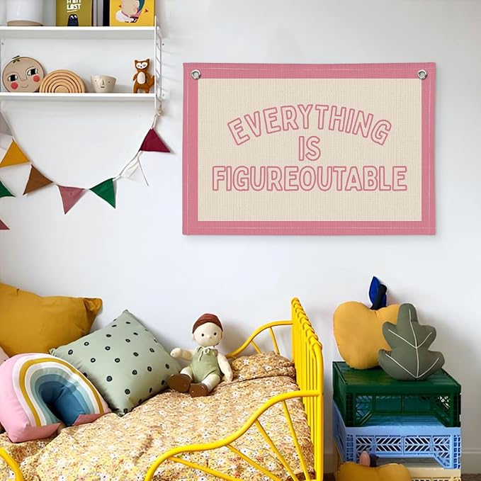 Everything is Figureoutable Inspirational Wall Decor, Motivational Classroom Wall Decor, Classroom Linen Canvas Banner Hanging Flag, 20x30 Inch - Pink Border