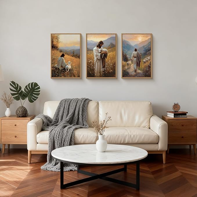 HOURIA Jesus Christ Easter Leaves The 99 Sheep Framed Canvas Wall Art Set,Christian Embraces The Lost Sheep Decor,Religious Bible Verse Resurrection Artwork for Church,Prayer Room,Home- 16"x24"x3