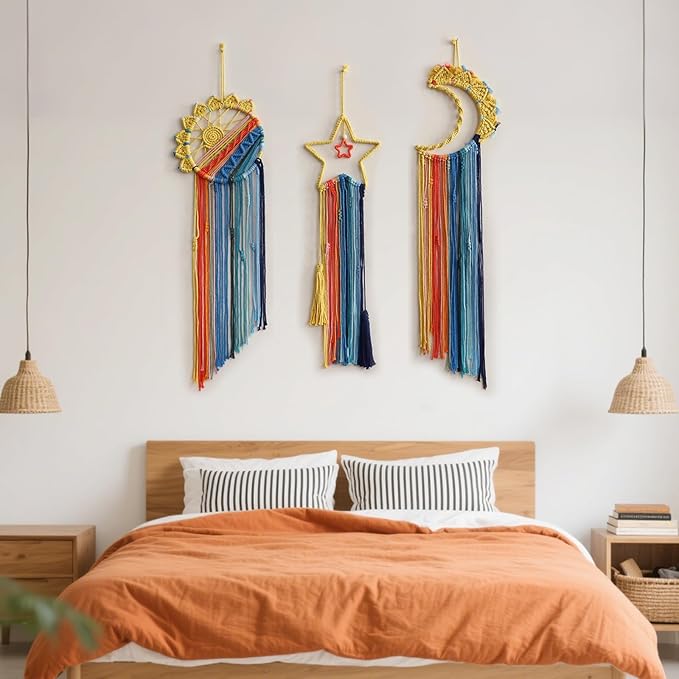 3 Pack Macrame Hanging Tapestry Wall Art Set Boho Woven Tapestries Sun Moon Star Large Dream Catcher Coloful Wall Decor Bedroom Aesthetic Living Room Decor (Orange Blue Mix)