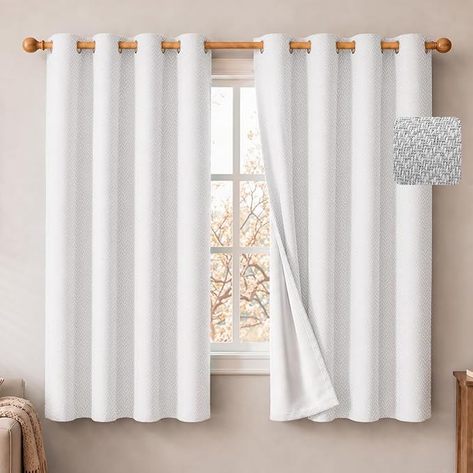 2 Panels 100% Blackout Linen-Textured Curtains, Thick Thermal Insulated Grommet Drapes with Subtle Herringbone Weave, Luxury Decor for Bedroom/Living Room, 54 x 54 Inches, Off-White
