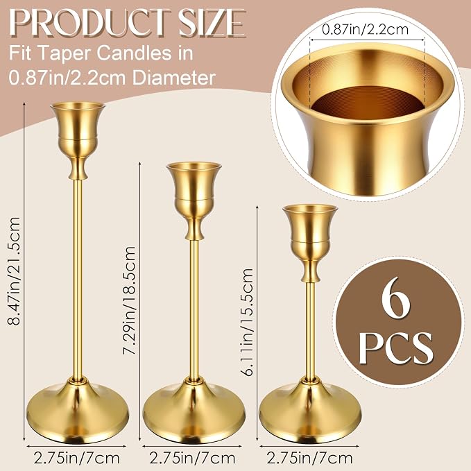 6PCS Brass Gold Taper Candle Holders Set, Vintage Metal Candlestick Holders for Table Centerpiece, Wedding Reception, Festive Christmas Mantel Decoration