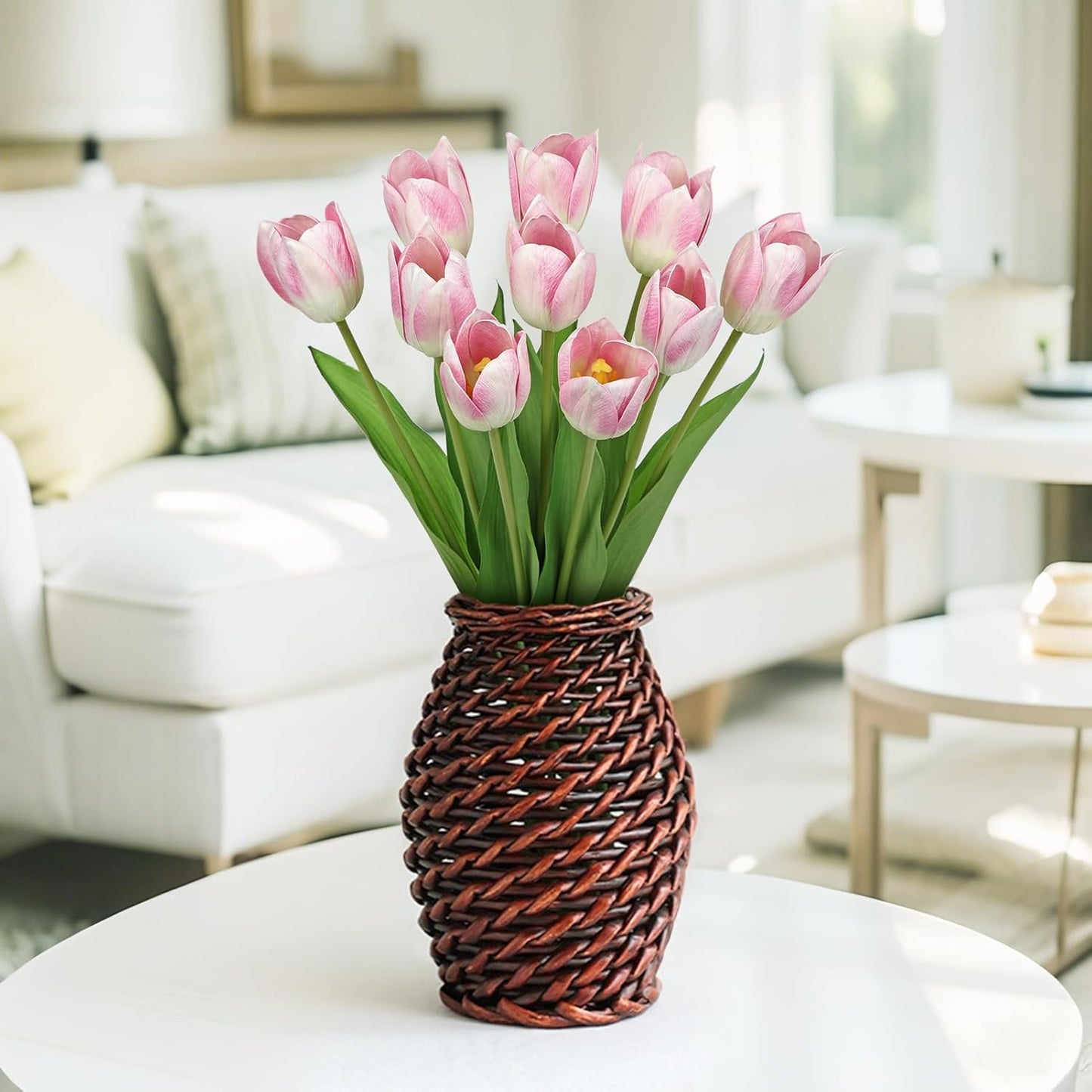 Artificial Tulips Flowers – 20" Long Stem Faux Tulips, 10PCS Real Touch Fake Pink Tulip for Vase, Farmhouse, Kitchen, Spring & Wedding Home Decor