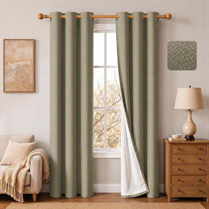 2 Panels 100% Blackout Linen-Textured Curtains, Thick Thermal Insulated Grommet Drapes with Subtle Herringbone Weave, Luxury Decor for Bedroom/Living Room, 37 x 84 Inches, Taupe