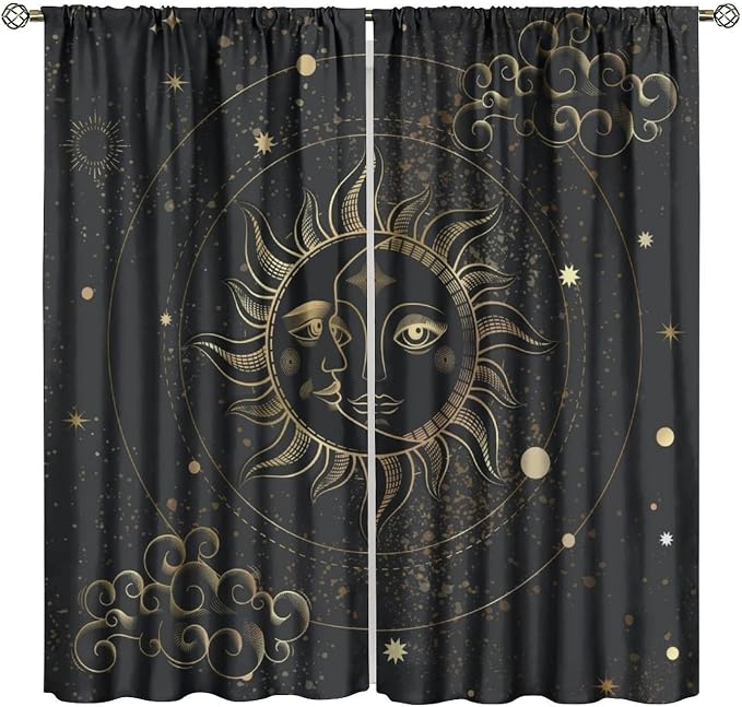 Sun Moon Blackout Curtains, Abstract Golden Stars Mystic Celestial Universe Starry Sky Boho Art Vintage Retro Window Drapes, for Bedroom Living Room 84" W X 84" L